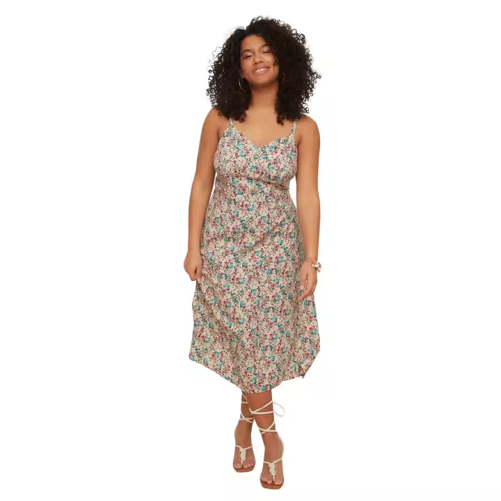 Trendyol Beige Floral V Neck Woven Adjustable Strap Long Dress Tbbss22Ah0055 - 1