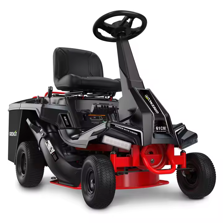 Greencut RLM610XE – Tractor cortacésped con motor de gasolina 4 tiempos de 224 cc y 5,9 CV, arranque eléctrico, corte rotativo de 610 mm, altura regulable en 5 posiciones, tracción trasera, cuchilla de doble filo afilable, modos de corte con mulching, des - 1