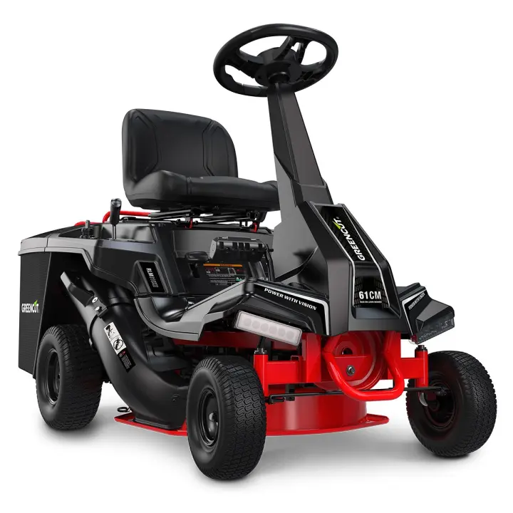Greencut RLM610XE – Tractor cortacésped con motor de gasolina 4 tiempos de 224 cc y 5,9 CV, arranque eléctrico, corte rotativo de 610 mm, altura regulable en 5 posiciones, tracción trasera, cuchilla de doble filo afilable, modos de corte con mulching, des - 1