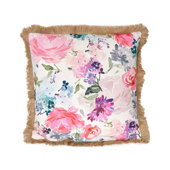 Cojín Estampado Flores Verdes y Moradas con Flecos y Relleno Suave - 1