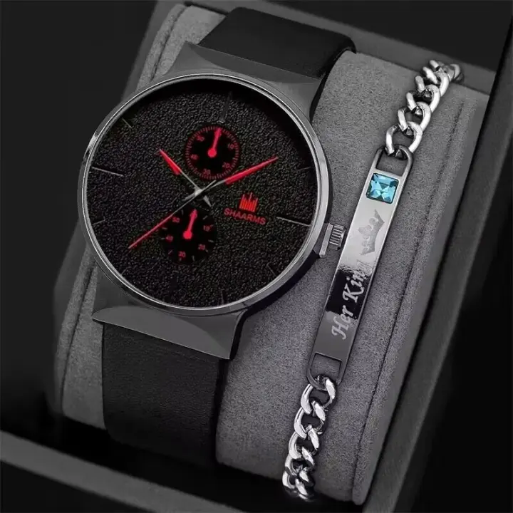 Reloj Deportivo Para Hombre 2pcs Set Moda Reloj De Pulsera De Cuarzo Negocio Casual Reloj De Lujo Relogio Masculino Con Correa De Cuero - 1