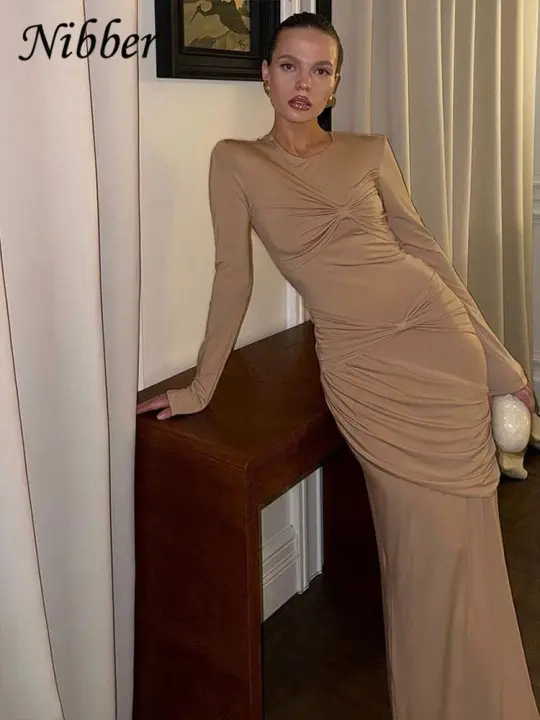 Vestido Nibber Knot Ruched Para Mujer Elegante Y Simple De Tendencia Otoñal Con Cuello Redondo Manga Larga Y Ajustado De Maxi Estilo Bodycon - 1
