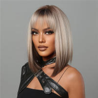 Pelucas Sintéticas Cortas Y Rectas Para Mujeres De Color Rubio a Marrón Ombre Con Flequillo Peluca Bob Resistente Al Calor Para Cosplay Diario Y Fiestas Falso Cabello Tamaño Promedio - details 7