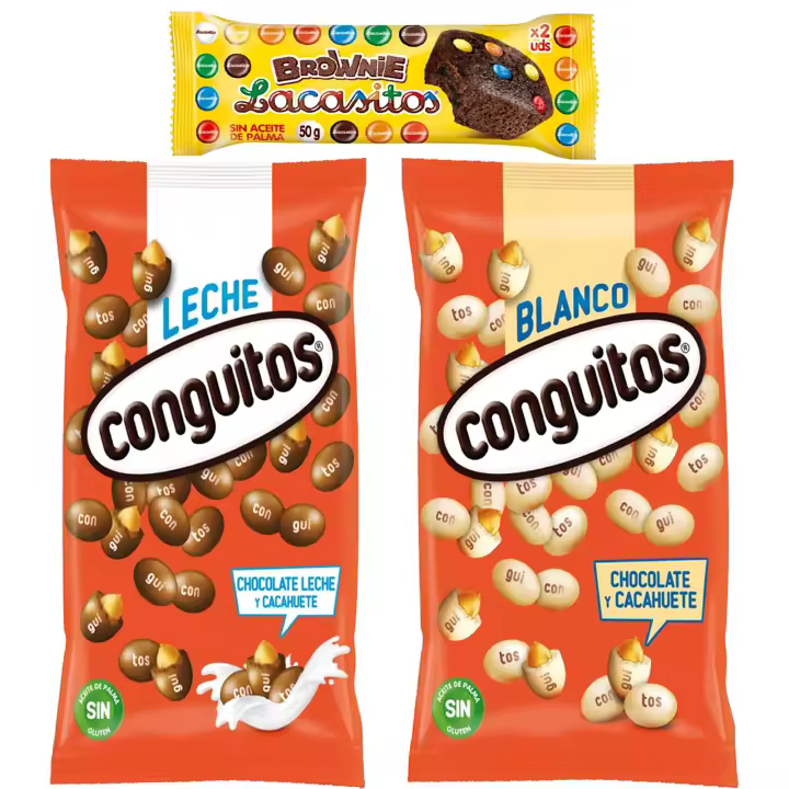 Pack Conguitos leche bolsa 1kg,blanco bolsa 1kg,Lacasitos brownie 50g - 1