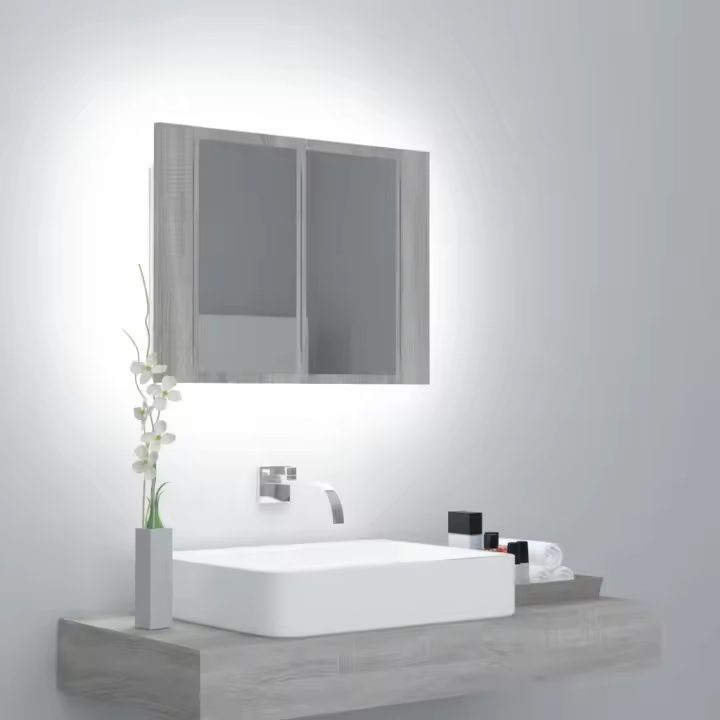 vidaXL Armario espejo de baño con luz LED acrílico 60x12x45 cm en color Negro/Gris hormigón/Madera antigua y más | almacenamiento funcional diseño moderno para baño dormitorio sala - 1