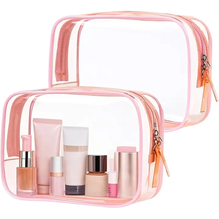 Neceser de viaje (2 unidades), transparente, para maquillaje, portátil, para accesorios de viaje, para mujer y hombre, color rosa - 1