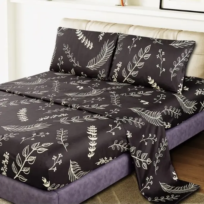 Juego de Sábanas verano 3 y 4 Piezas - Estilo Doodle Negro con Hojas Amarillas, Poliéster Suave (Cama 90/135/150, Incluye Funda Nórdica) - 1