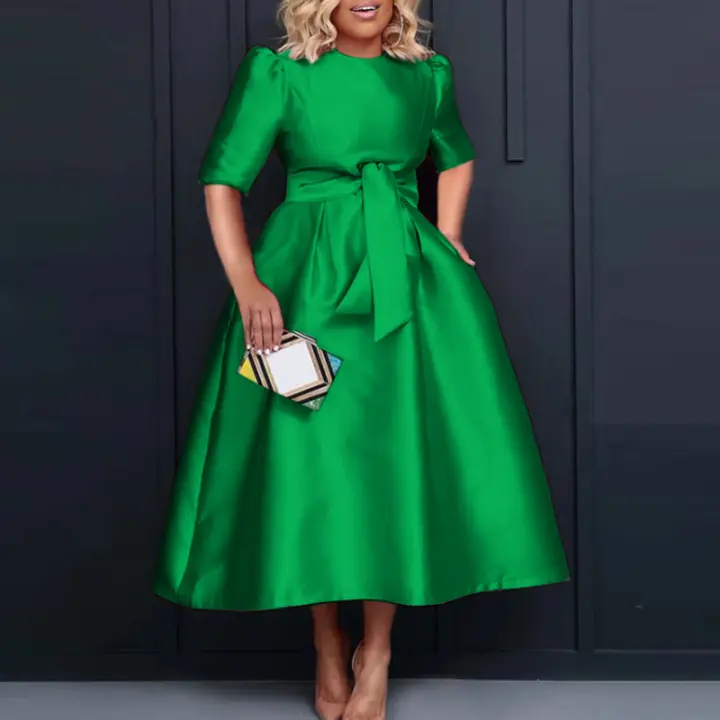 VONDA Vestido Midi De Ssatén Elegante Para Mujer Verano 2024 Manga Corta Estilo Casual Cinturado Suelto Color Sólido Vestido Largo - 1