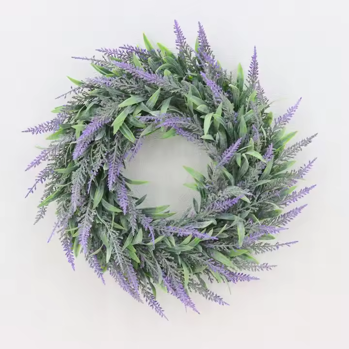 Corona De Lavanda Artificial 36cm Hojas Verdes De Flores Para Decoración De Pared Exterior Puerta De Entrada Hogar Festivales - 1