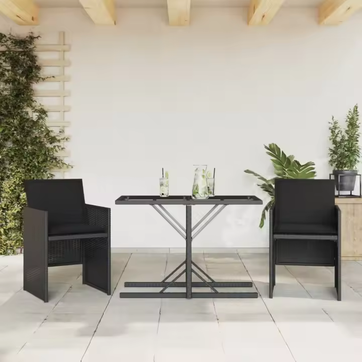 vidaXL Mesita y sillas con cojines 3 piezas ratán sintético negro - 1
