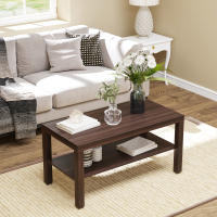 Homcom Mesa de Centro Mesita Café Mueble Salón Comedor Mesa Auxiliar Madera de 2 Niveles Mesa para Sofá Sala de Estar 90x45x40.5cm Nogal - details 1