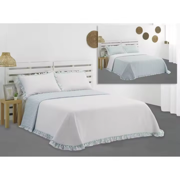 👉 Colcha Bouti Reversible con Volantes Manacor Celeste | 100% Poliéster Acolchada Ligera | Estilo Romántico, Tacto Suave, Incluye Fundas de Cojín | Ideal Entretiempo | Varios Tamaños - 1