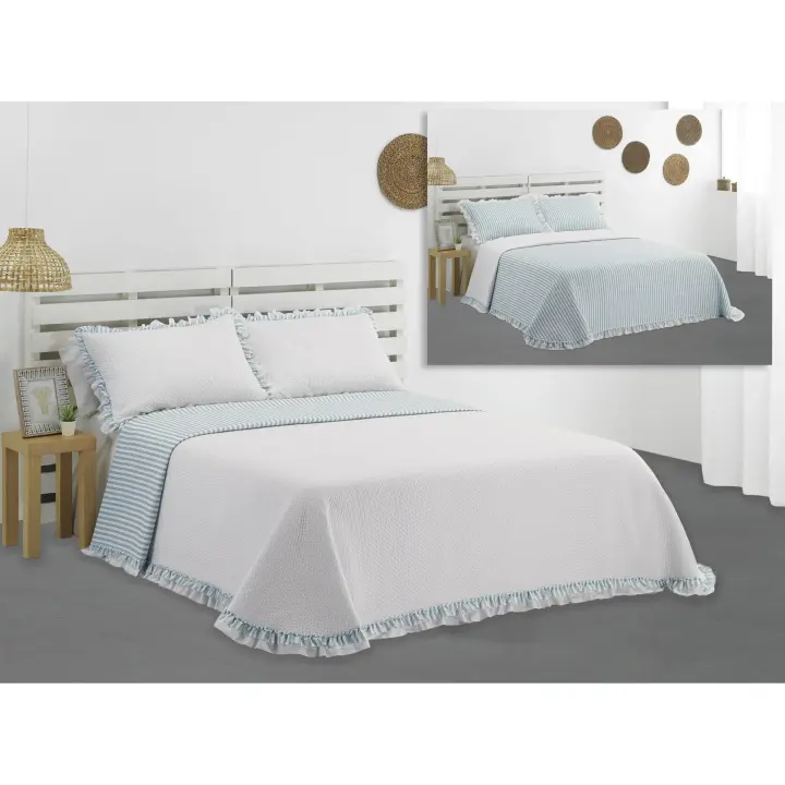 👉 Colcha Bouti Reversible con Volantes Manacor Celeste | 100% Poliéster Acolchada Ligera | Estilo Romántico, Tacto Suave, Incluye Fundas de Cojín | Ideal Entretiempo | Varios Tamaños - 1