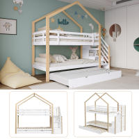 Litera, Cama en Casita de árbol extraible, Cama Corredera, Escalera with 4 cajones, Cama Infantil with Protección Contra Caídas y barandillas para Cuna, somier, natural + Blanco (90x200cm y 90x190cm) - details 3