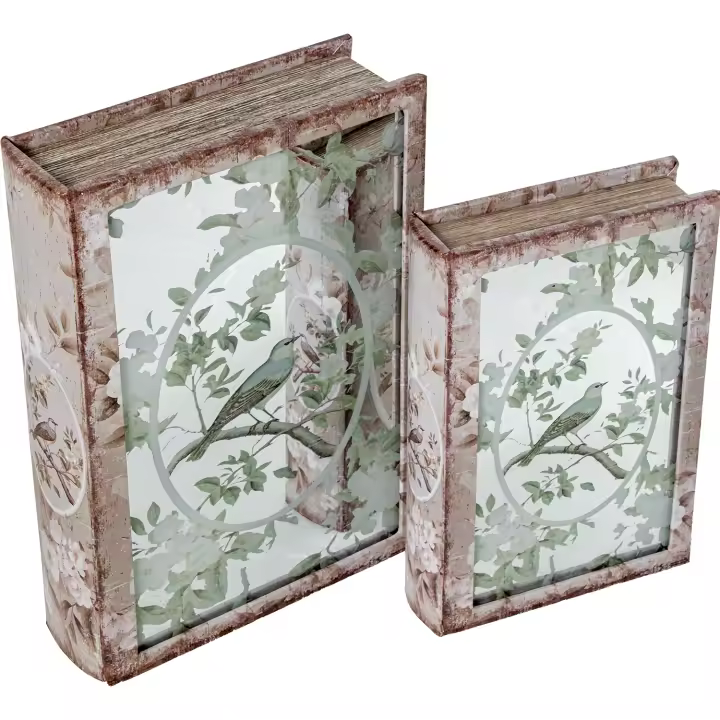 Set 2 cajas libro madera dm con espejo, interior terciopelo 30x20x7 y 24x16x5cm - 1