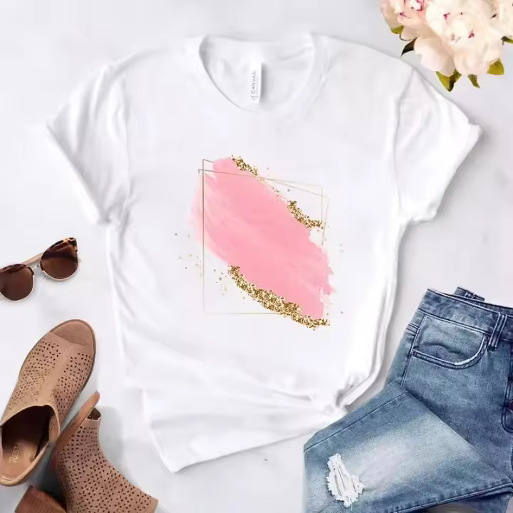 Camiseta Mujer Estampado De Corazón Y Flor Casual Cuello Redondo Manga Corta Blanca Impresión De Amor Talla Regular Algodón Modal Elastano - 1