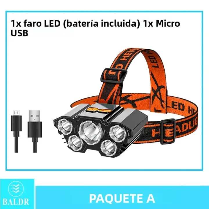 Linterna Frontal LED Recargable USB Con Batería 18650 De 5 Cabezales Super Brillante Portátil Para Pesca Y Camping - 1