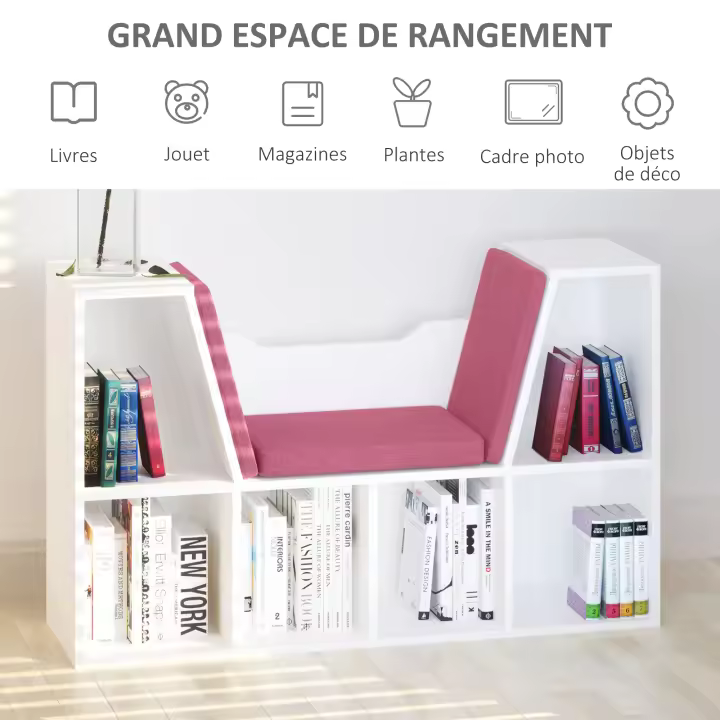 HOMCOM Librería con Asiento, Estantería de Libros con 6 Cubos, Estantería Almacenamiento con Banco con Cojín, Multiusos para Sala de Estar, Oficina, Dormitorio, 102x30x61cm, Blanco y Azul - 1
