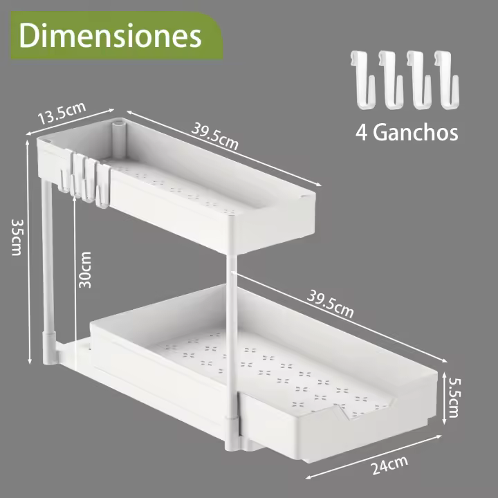 KingnetStore - Organizador Cocina Bajo Fregadero de 2 Niveles, Extraíble, con 4 Ganchos para Colgar, Organizador y almacenamiento para debajo del fregadero, Estantería deslizante de 2 niveles para baño y cocina - 1