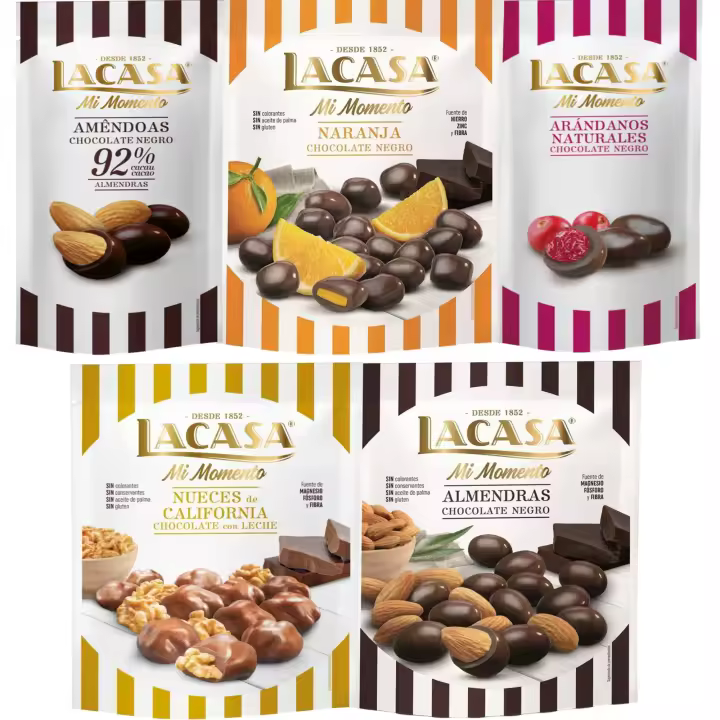 Lacasa Mi Momento pack de 5:Arándano Chocolate Negro ,Almendra 92% ,Nueces Chocolate Leche ,Almendra Chocolate Negro ,Naranja Chocolate Negro - 1