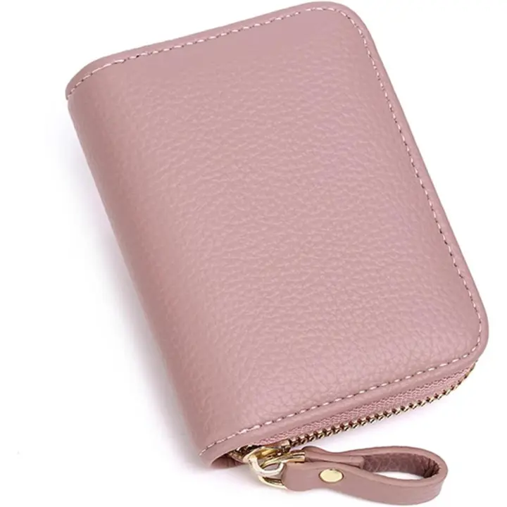 Cartera pequeña con bloqueo RFID para mujer, con cremallera de acero inoxidable, de piel, estilo acordeón, color rosa, para identificación, compacta, delgada, con cremallera bloqueada (rosa) - 1