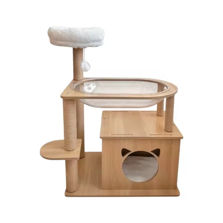COTTECOTA-Árbol rascador para gatos de 85 cm estilo madera. Torre compacta con 2 camas, hamaca, cueva, bola colgante, rampa y postes de sisal. Arbol ideal para jugar, dormir y rascar. Diseño moderno, fácil de montar y perfecto para espacios pequeños - 1