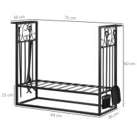 HOMCOM Estante para Leña de Chimenea 75x30x60 cm Soporte para Leña Tradicional Portaleña de Diseño Vintage con 4 Herramientas Base Elevada Carga Máx. 100 kg Acero para Interior y Exterior Negro - details 2