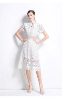 Vestido De Mujer Verano Nuevo Con Manga Corta Y Cuello Volante A-LINE Blanco Vestido Casual De Rodilla Lace Suelto Pullover Sin Estirar - details 15