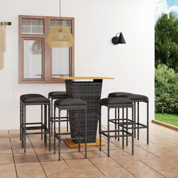 vidaXL Set de muebles de bar de jardín 9 pzas y cojines ratán PE gris - 1