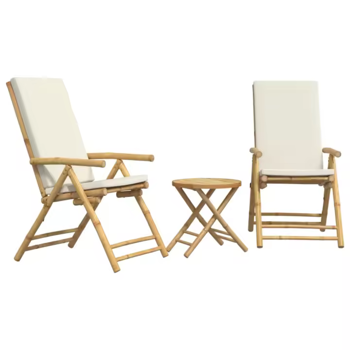 vidaXL Juego bistró plegable con cojines 3 pzas bambú blanco crema - 1