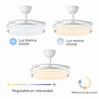 Ventilador de techo modelo PAMPIN L blanco, Smart app, motor DC 6 velocidades Tecnología Led 60W sistema CCT 6300 Lúmenes, Control remoto temporizador, regulable en color e intensidad, Memoria motor inverter verano/invierno ultra silencioso. - details 1