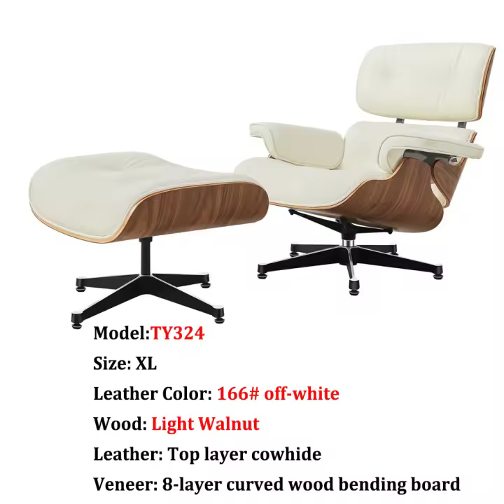 TY324 XL  Leisure Recliner Light Walnut Armchair With Ivory White Cowhide Black Big Head Foot Swivel Deck Chair Furniture Ergonomic Design Office Lunch Break Chair Living Room Comfort Lounge Chair Genuine Top Layer Cowhide Aluminum Alloy Big Head Feet - 1