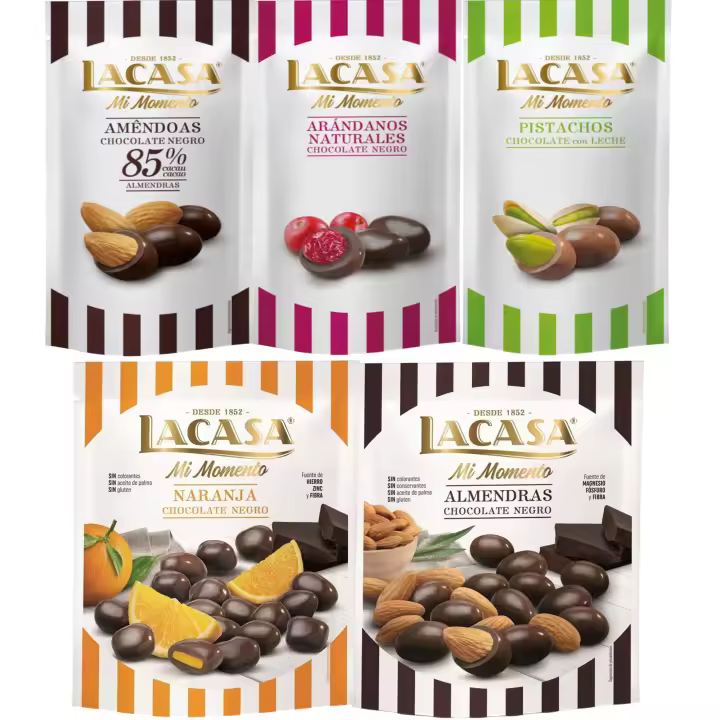 Lacasa Mi Momento pack de 5:Arándano  Negro 60 G,Pistacho  Leche 50 G,Almendra 85% 65 G,Almendra  Negro 125 G,Naranja  Negro 125 G - 1
