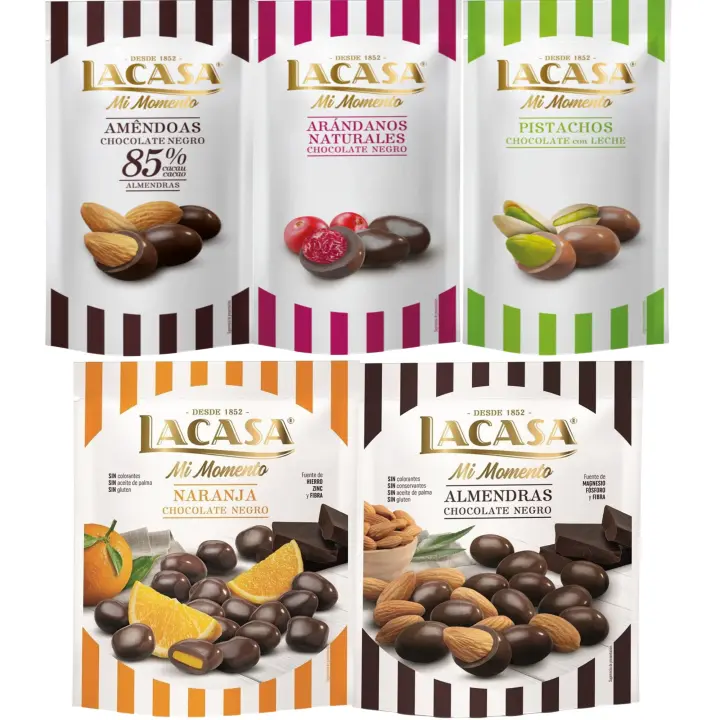 Lacasa Mi Momento pack de 5:Arándano  Negro 60 G,Pistacho  Leche 50 G,Almendra 85% 65 G,Almendra  Negro 125 G,Naranja  Negro 125 G - 1