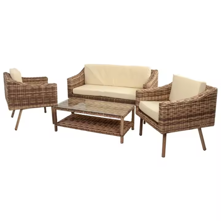 WANDERLUST DECO Kit Conjunto Mesa y Sofá Rattan Sintético Exterior - Elegante y Resistente - 1