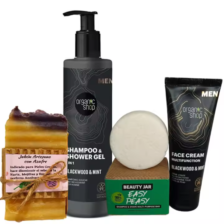 Pack Ahorro Hombre. Crema Facial Bio, Jabón Artesano de Azufre, Champú Sólido para Cabello y Barba, Gel Corporal + Champú Líquido 2 en 1. PumarShop Cinnia Natura - 1