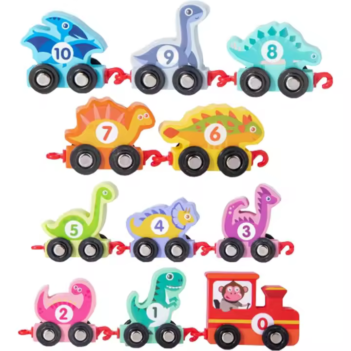 Trenes de juguete de madera con dinosaurios, juguetes Montessori, tren de números de madera con dinosaurios, juguetes Montessori, juegos educativos, regalo para niños de 1 a 4 años. - 1