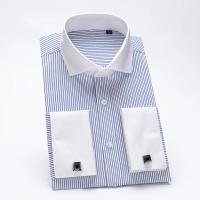 Camisa De Manga Larga Para Hombre Con Cuello Windsor Y Faldón Contrastante Estilo Formal Ajustada Con Patrón Rayado Y Cuello Francés - details 21