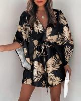 Vestido Casual De Verano Para Mujer Con Estampado Y Volante Estilo Playa Cuello En V Manga Batwing A-Line Largo Mini - details 4