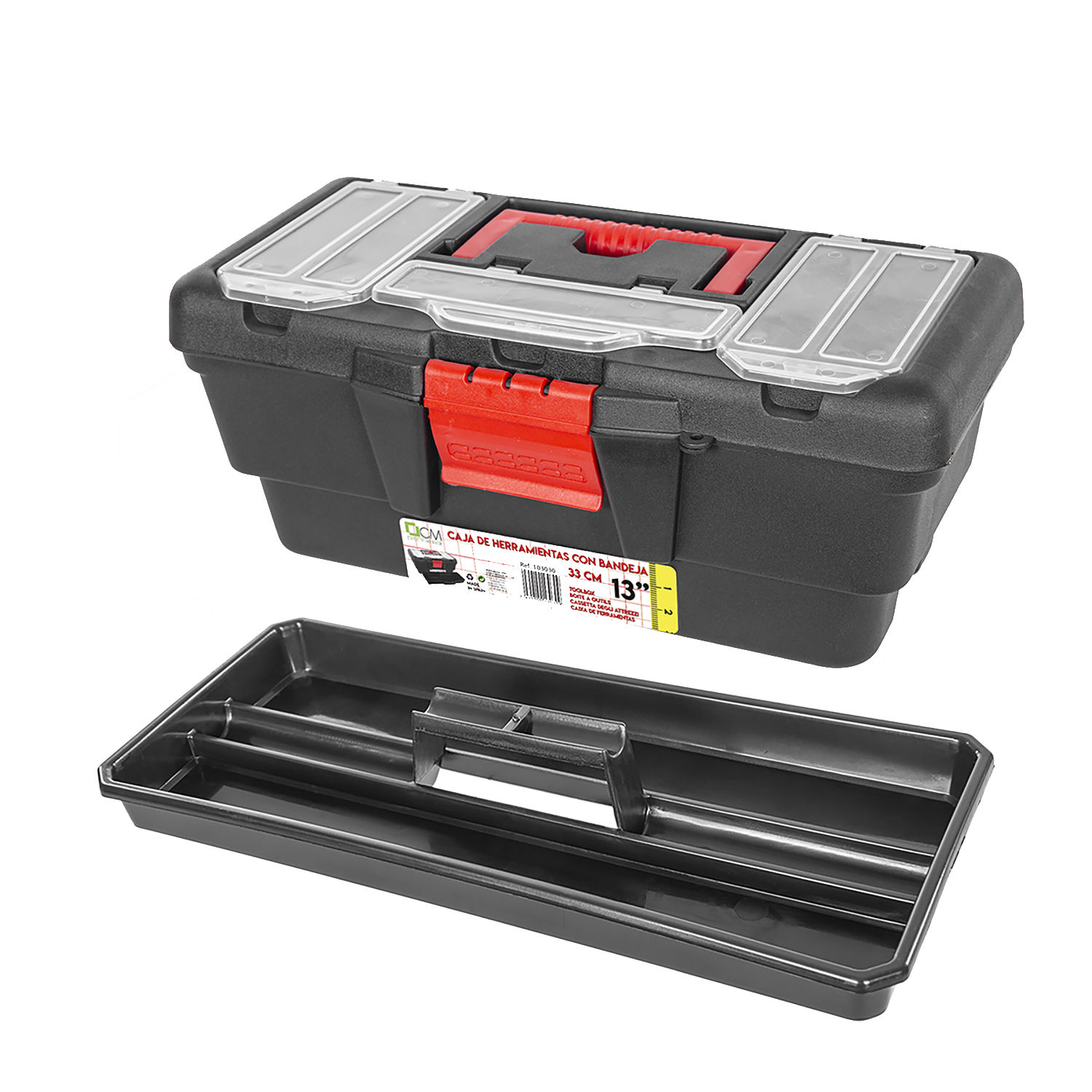 Caja de Herramientas con Bandeja y Asa de Transporte. Caja de Bricolaje, Aficionados y Profesionales. Caja de Plástico, Bandeja Extraíble y Compartimentos Exteriores. Caja de Trabajo con Cierre Seguro, Organizador de Trabajo, Herramientas, Tornillos