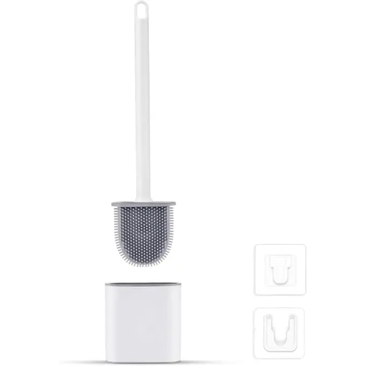Cepillo de baño de silicona con placa - Cepillo de baño y soportes, antigoteo, antibacteriano, cepillo de baño ventilado, secado rápido sin olor, cepillo de baño montado en la pared/piso, baño e inodoro blanco - 1