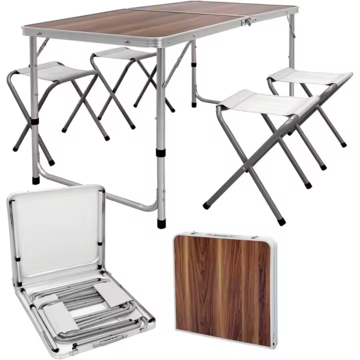 Mesa de Camping Plegable con 4 Taburetes 120 x 60 x 55/63/70cm Altura Ajustable Juego de Muebles Multiusos de Acampada Mesita con Bisagras de Aluminio y MDF Mobiliario de Picnic - 1
