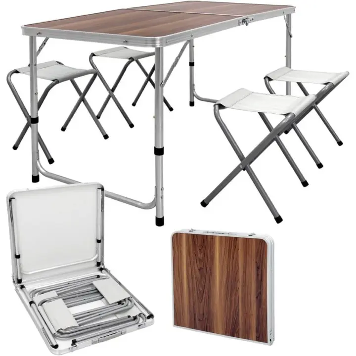 Mesa de Camping Plegable con 4 Taburetes 120 x 60 x 55/63/70cm Altura Ajustable Juego de Muebles Multiusos de Acampada Mesita con Bisagras de Aluminio y MDF Mobiliario de Picnic - 1