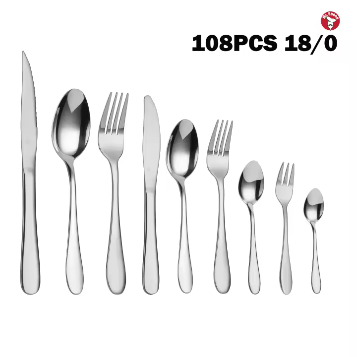 Mr.Spoon Serie Piedra 108 piezas cubiertos económico,Acero inox 18/0,Con cuchillo carne o mesa/cuchara/tenedor/cuchillo tenedor fruta/cuchara tenedor postre/cuchara cafe y moka,Apto para lavavajillas,Envase Ecológico,Para Casa,Hotel,Restaurante 60101/108 - 1