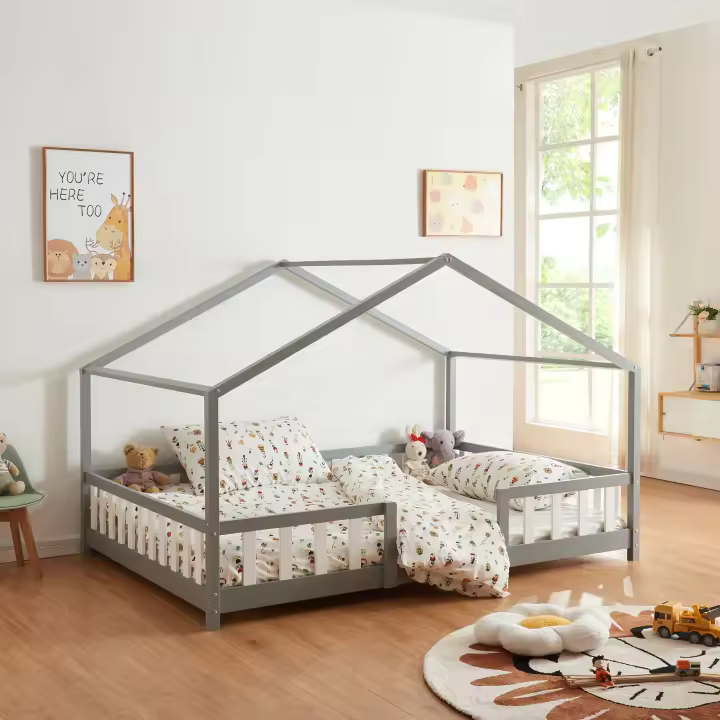 Cama para niños Treviolo forma de casa pino 120x200 cm - Gris [en.casa] - 1