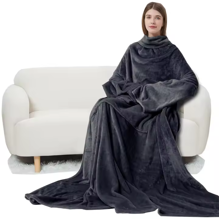 Manta de vellón usable with Mangas y Bolso para pies para Mujeres y helbres Adultos, Manta de sudadera y Liviana para Televisión with Mangas y Velcro ajustable de 79 "x 67" color Carbón (tipo canguro) - 1