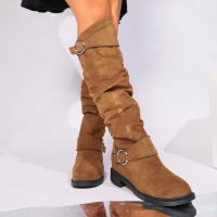 Botas De Rodilla Altas Cómodas Y Elegantes Con Diseño Redondo Y Hebilla Cierre Fácil Para Mujer Estilizada Con Forro De Peluche Material De La Parte Superior De Terciopelo Suave Para Uso Casual - details 16