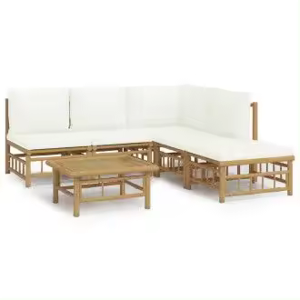 VIDAXL 3155199 juego de sofás y reposapiés con mesa para jardín de 7 piezas fabricado en bambú con cojines de color blanco vida xl - 1