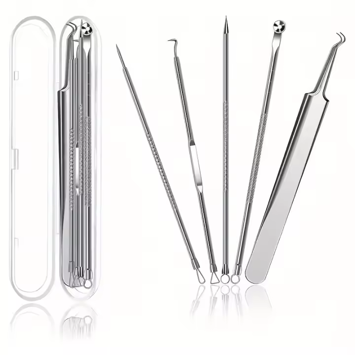 Kit Profesional De 5 Piezas Para Extraer Comedones Y Negros Con Pinzas Curvadas De Acero Inoxidable Herramientas Para Puntos Negros Y Acné - 1