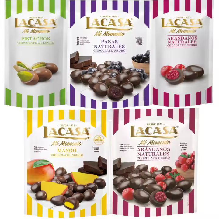Lacasa Mi Momento pack de 5:Arándano Choco Negro ,Pistacho Choco Leche,Arándano Choco Negro ,Pasas Choco Negro ,Mango Choco Negro - 1